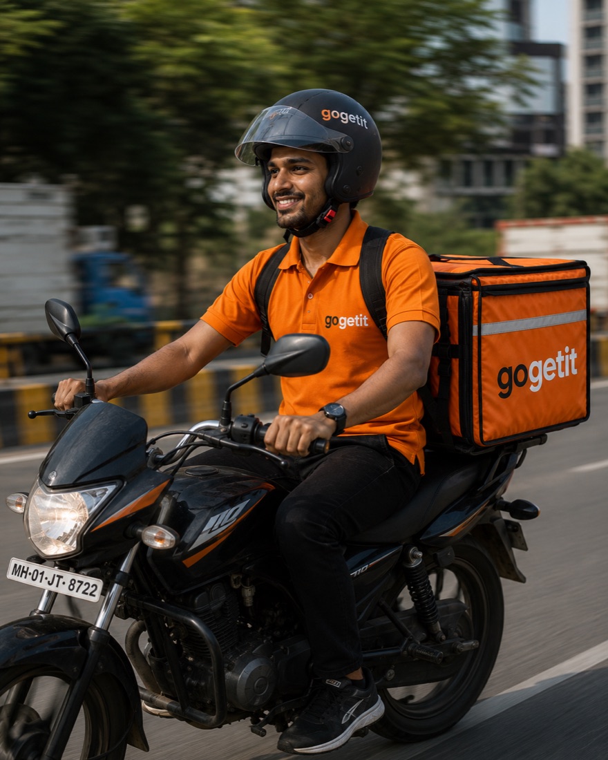 A GoGetit Delivery Hero riding a branded delivery motorbike