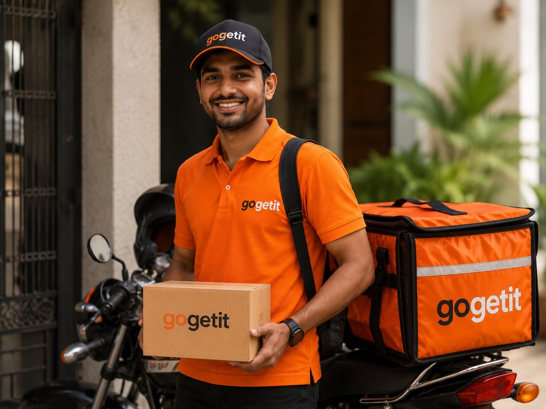 A GoGetit Delivery Hero holding a gogetit parcel