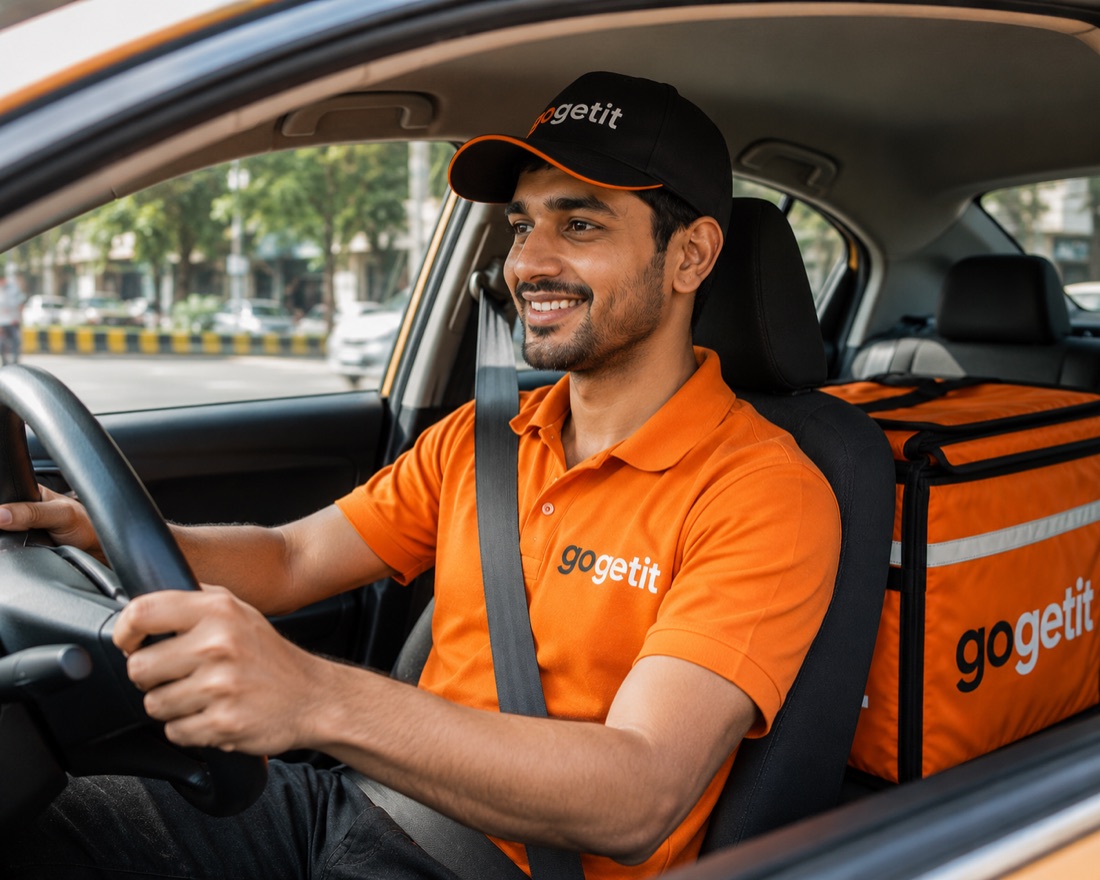 A GoGetit Delivery Hero with a delivery box